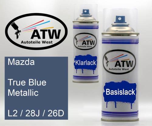 Mazda, True Blue Metallic, L2 / 28J / 26D: 400ml Sprühdose + 400ml Klarlack - Set, von ATW Autoteile West.